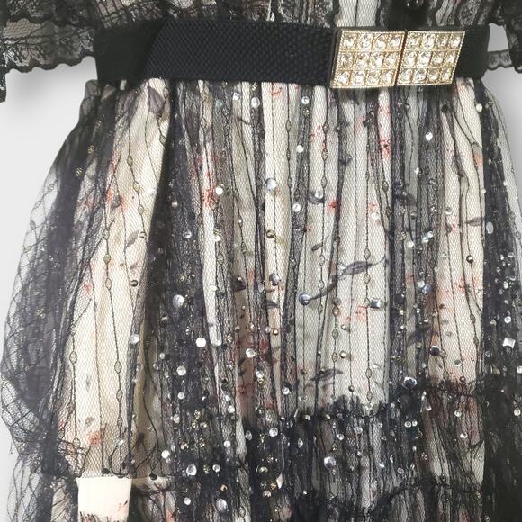 Dark Romance Victorian Sheer Lace Floral Studded Tiered Midi Dress Whimsigoth Sm - Picture 5 of 16